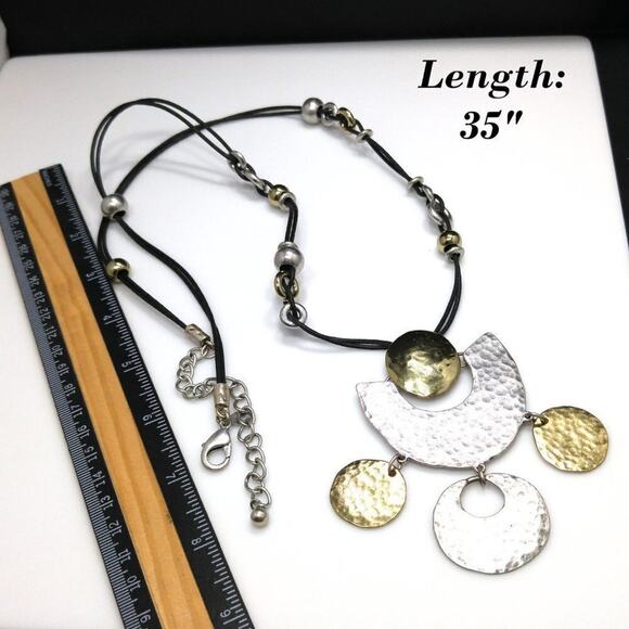 Chico's Long Gold Silver Hammered Pendant Necklace, Black Leather Cords, 35 Inch - Picture 5 of 11